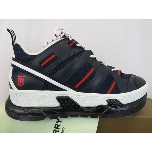 NIB BURBERRY UNION NAVY LEATHER MESH RED LOGO LOW TOP SNEAKERS 8 US 41 ITALY - Picture 5 of 12